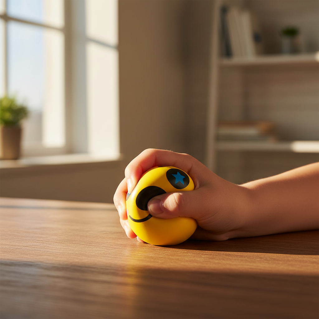Child's hand squeezing a yellow monster squishy PU ball at a wooden desk in warm golden hour light