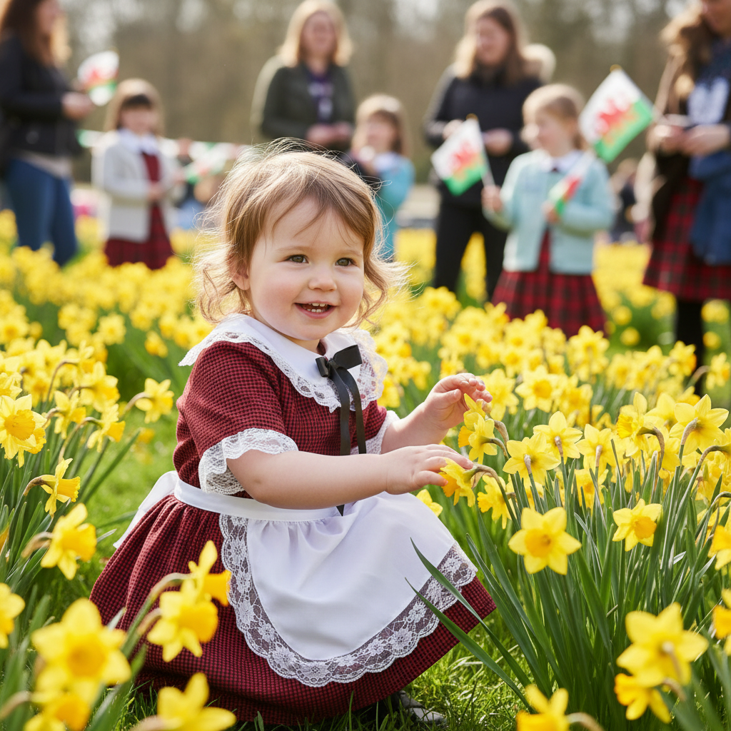 Toddler aged 1-2 years in traditional Welsh costume celebrating St David's Day outdoors with daffodils and family