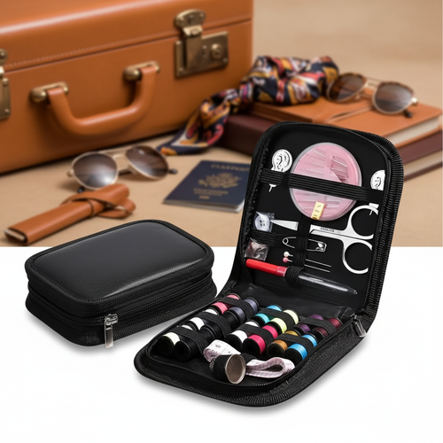 Portable Mini Travel Sewing Kit Black - compact emergency repair kit with elegant travel background
