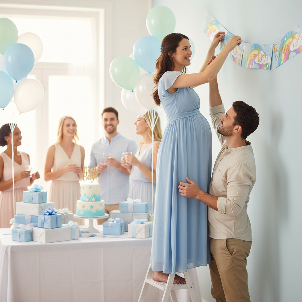 Pregnant woman hanging pastel rainbow baby boy banner at beautiful baby shower celebration
