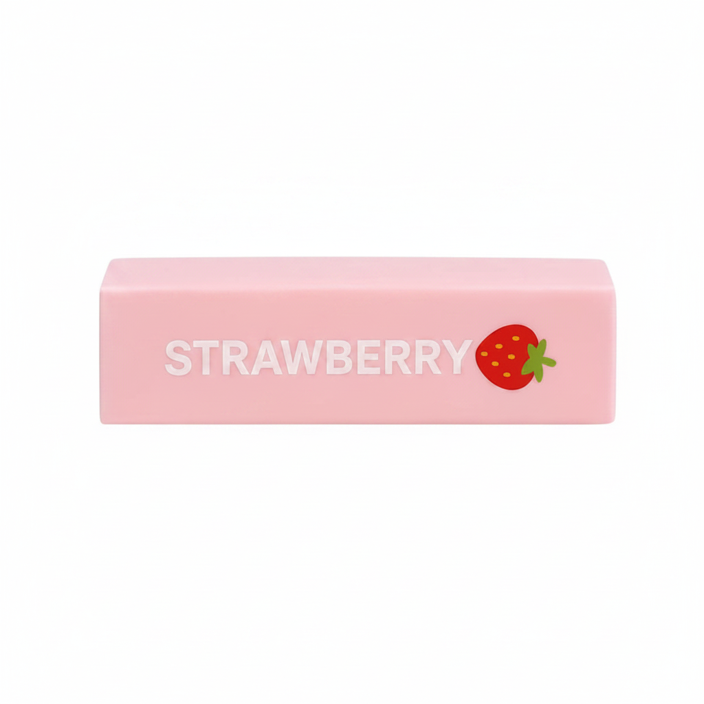Squishy Strawberry Butter Sticks 14cm pink foam toy on crisp white background - professional product shot