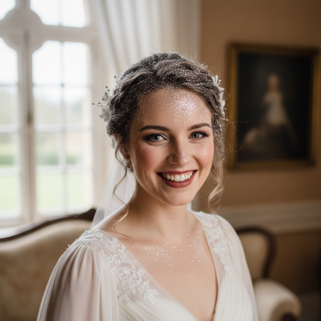 Bride at wedding with beautifully styled hair sparkling with silver glitter, warm natural light, elegant and radiant