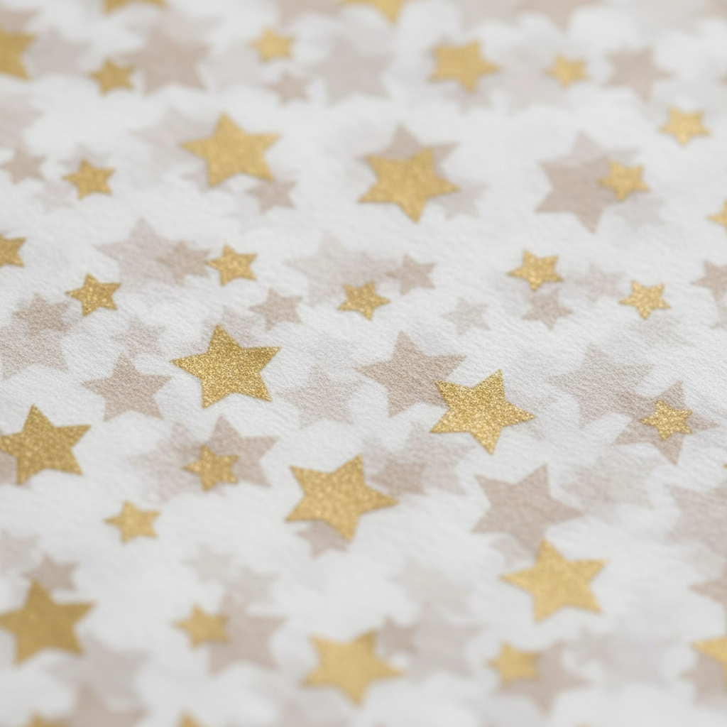 Extreme macro close-up of gold star printed tissue paper showing warm gold star print texture and soft white tissue material