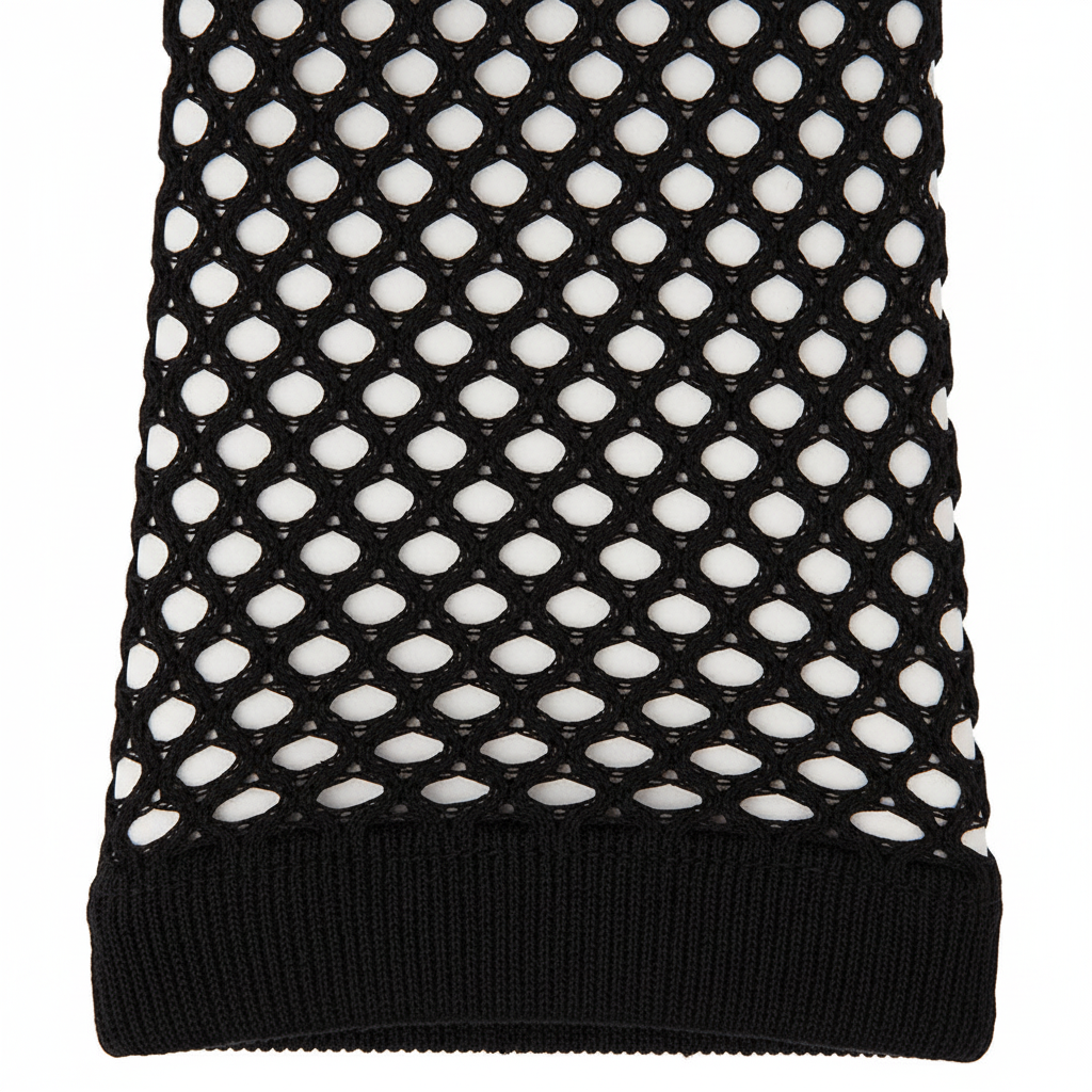Extreme macro close-up of black fishnet glove showing open diamond mesh weave texture and crisp black thread detail
