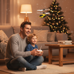 Dad and son flying mini radio control helicopter together indoors - lifestyle image