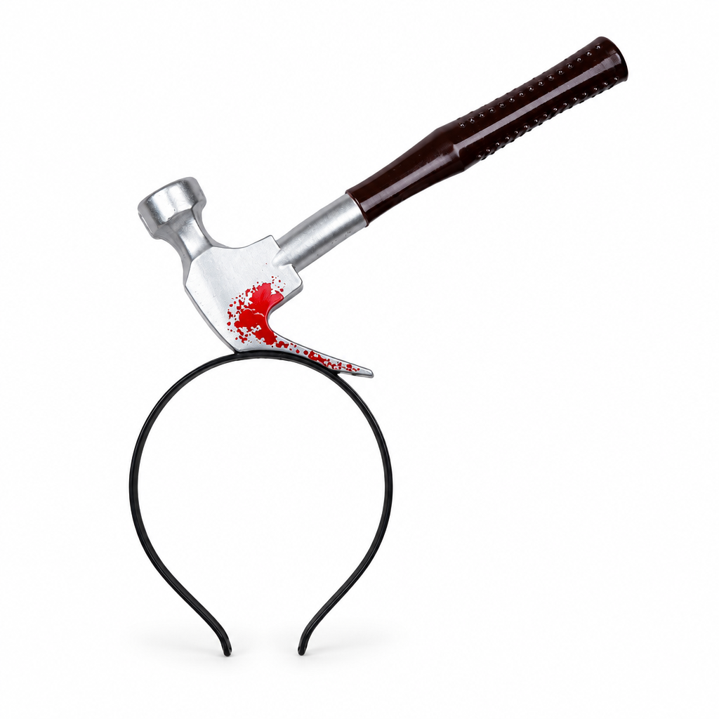 Hammer in head Halloween headband prop with silver hammer head and dark brown handle on a white background