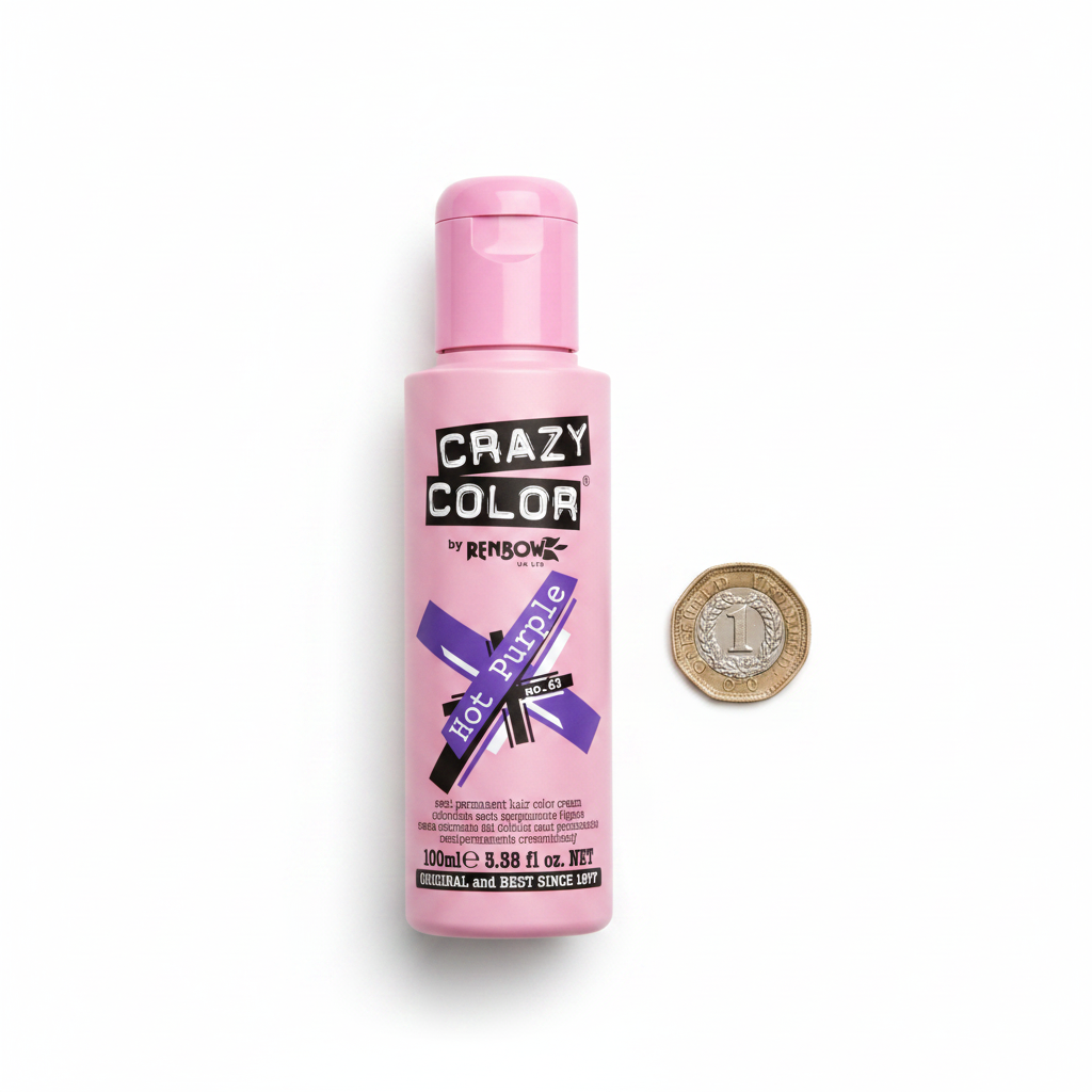 Crazy Color Hot Purple 100ml hair dye bottle beside a UK £1 coin showing product size on white background
