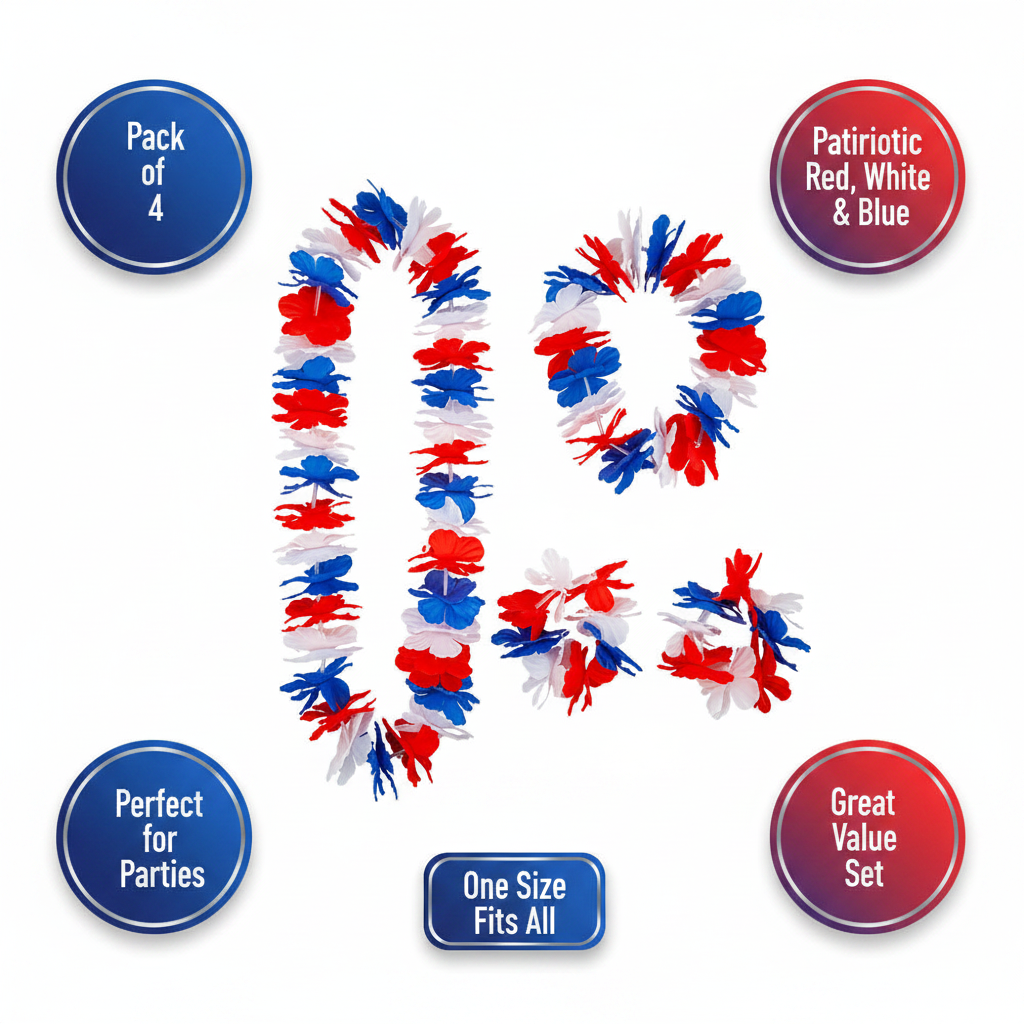 Red, white and blue Hawaiian lei 4pc set feature infographic with 5 A+ callout labels on white background