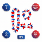 Red, white and blue Hawaiian lei 4pc set feature infographic with 5 A+ callout labels on white background