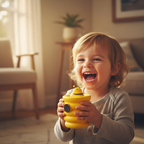 Happy laughing child holding the Squishy Pop Up Beehive yellow fidget toy in golden hour light — fun stress relief toy