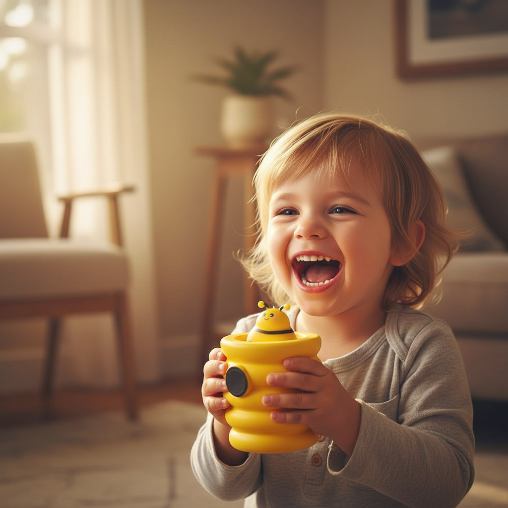 Happy laughing child holding the Squishy Pop Up Beehive yellow fidget toy in golden hour light — fun stress relief toy