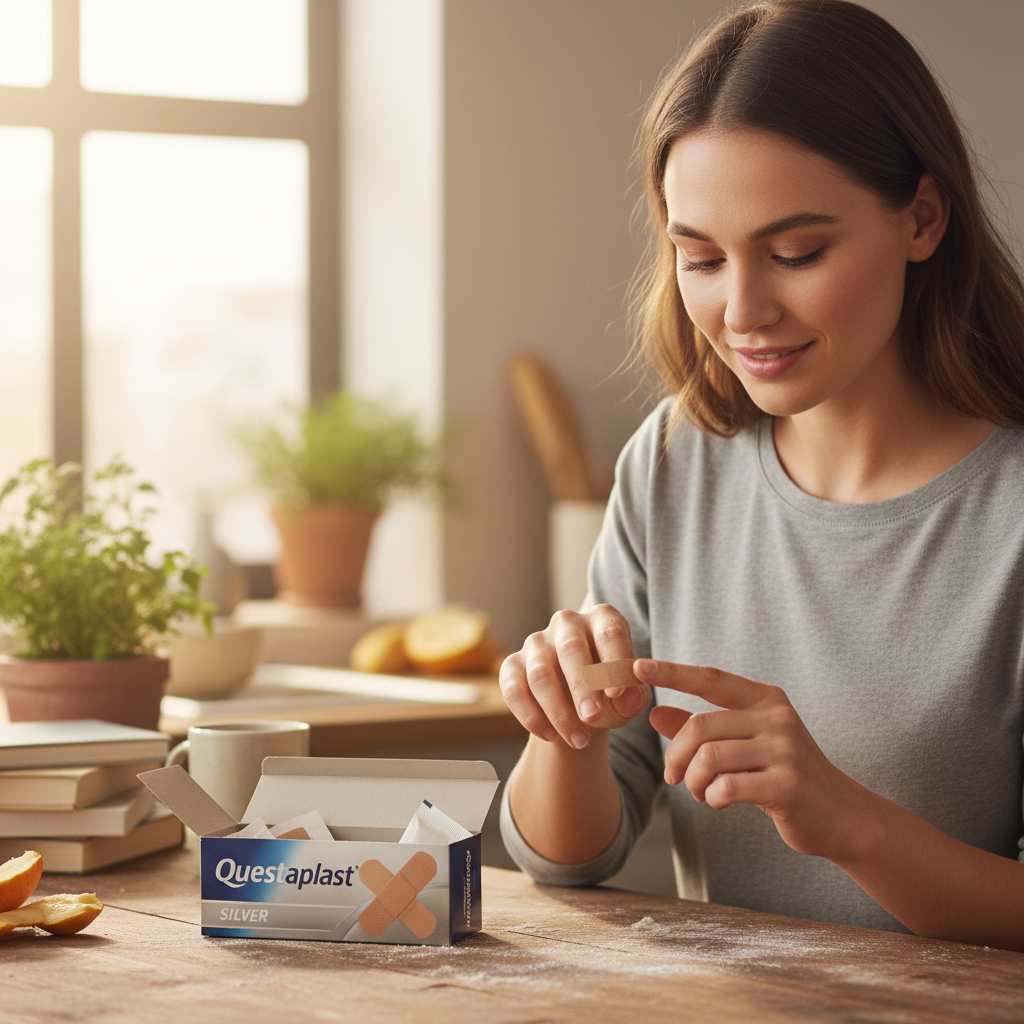 Person applying a Questaplast tan washproof plaster to their finger at a kitchen counter, Questaplast box nearby