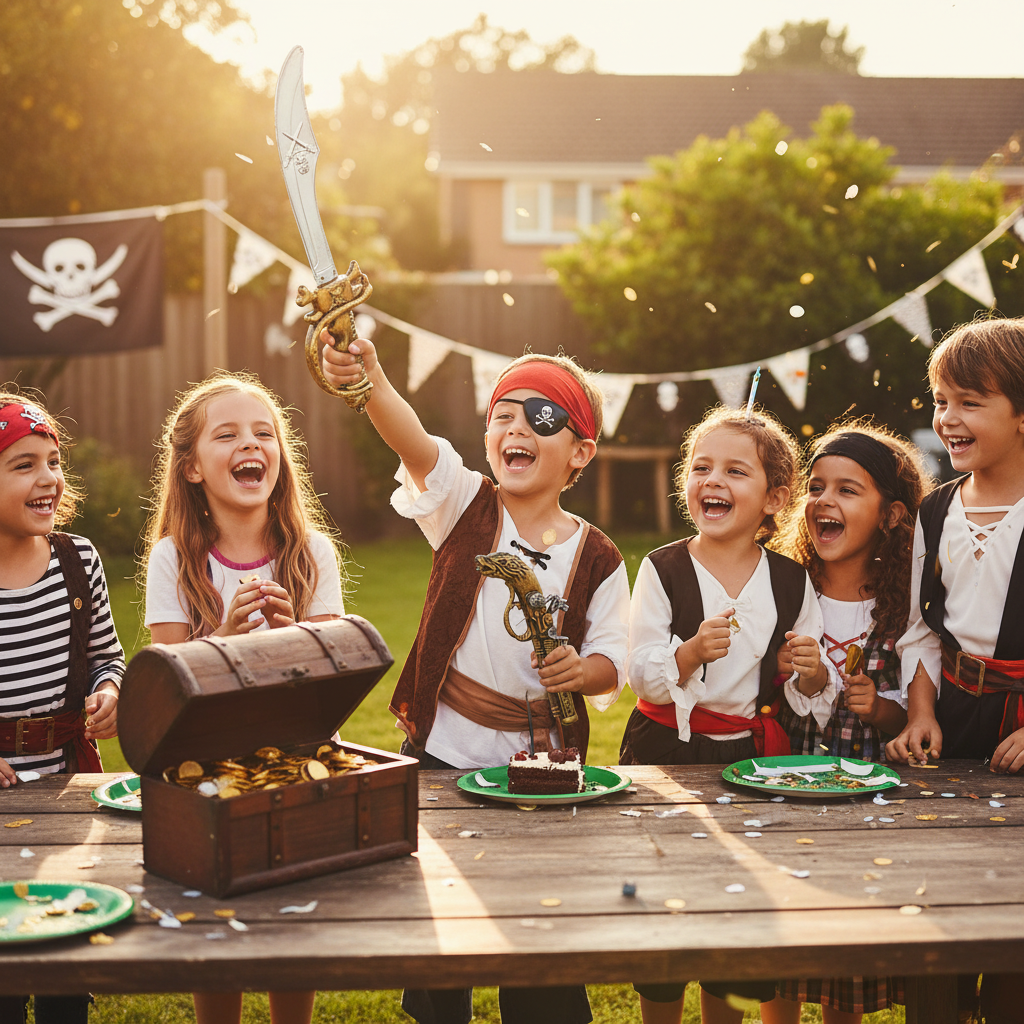 Children at pirate themed birthday party celebrating with pirate fancy dress set accessories