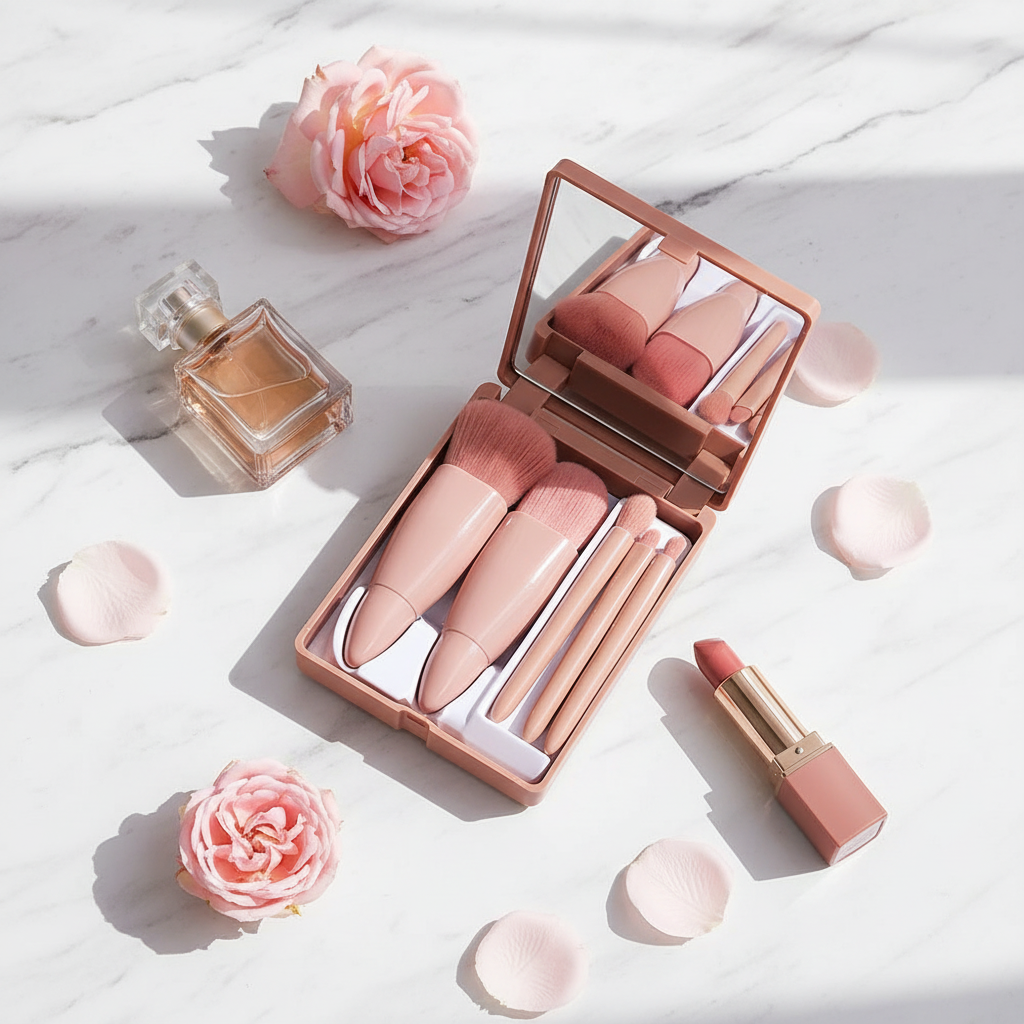 Flat lay of portable beige makeup brush set with mirror open on marble surface with beauty accessories