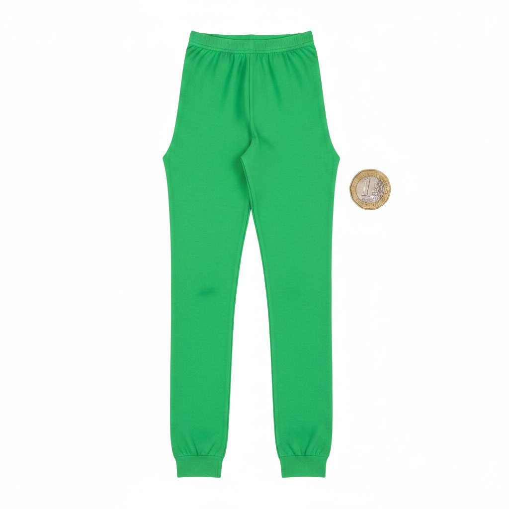 Men's bright green elf tights flat lay with £1 coin for scale on white background