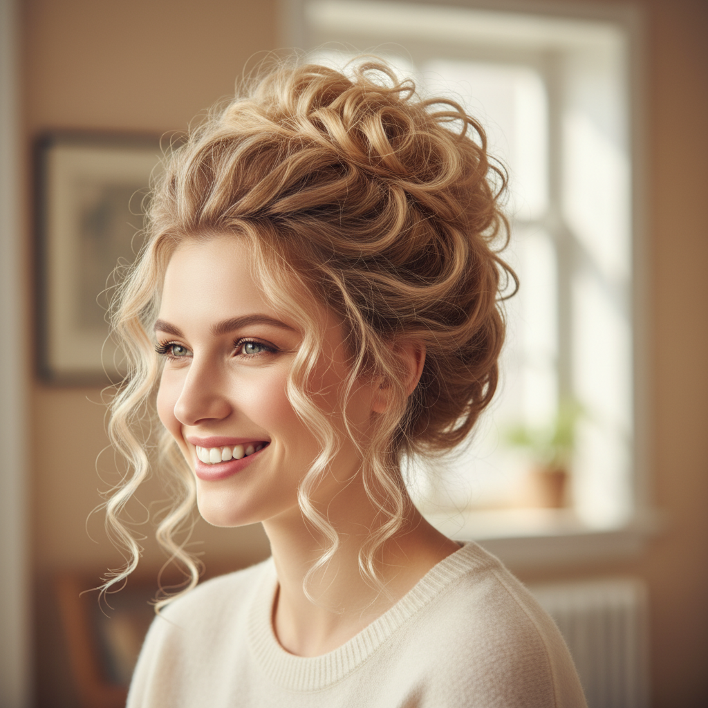 Woman with gorgeous voluminous warm blonde curly updo showing the beautiful result of wearing the hair bun clip-in