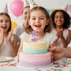Birthday cake with lit pink glitter number 5 candle being presented to delighted child at birthday party, warm emotional scene
