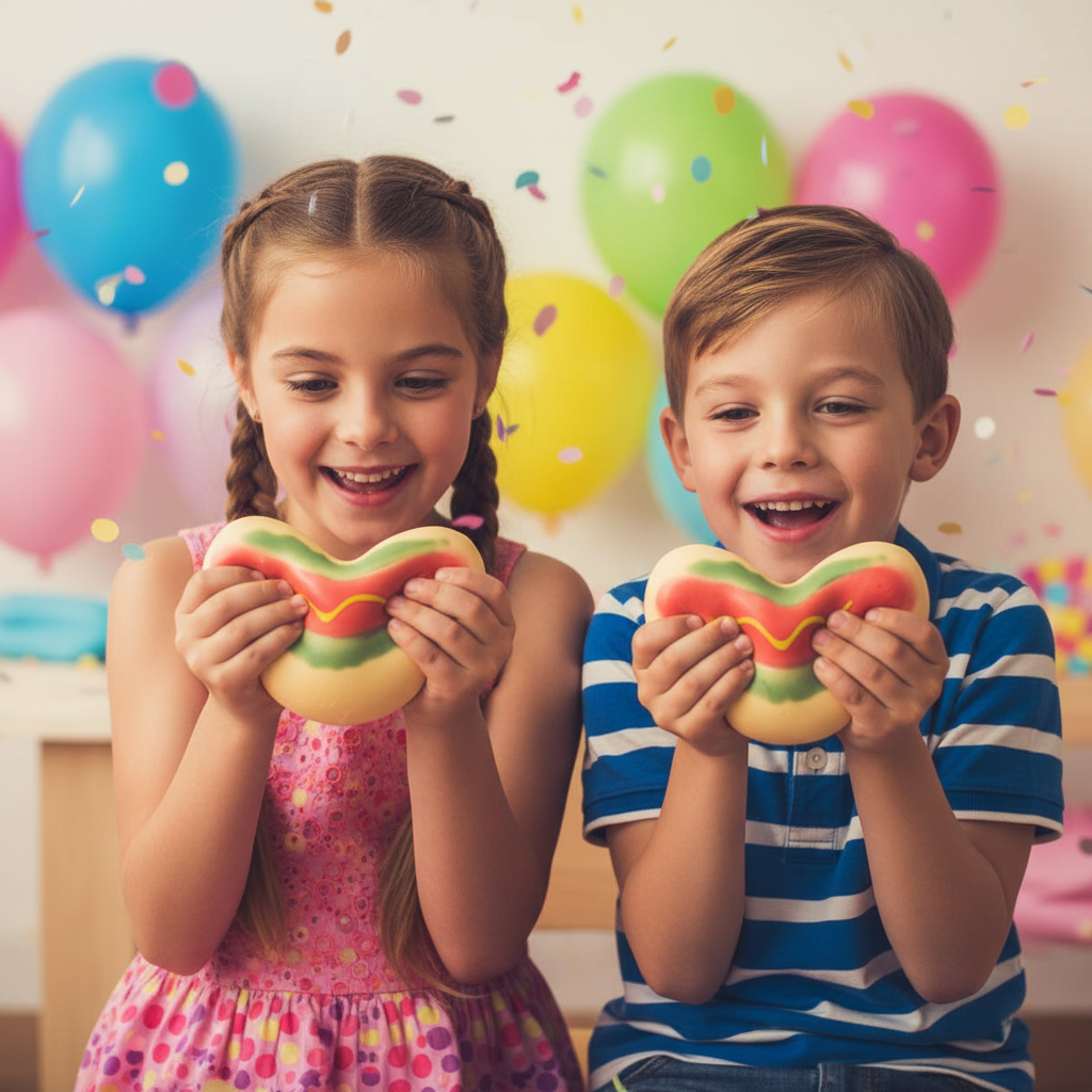 Two children holding Squishy Hotdog toys at a birthday party — novelty squeeze toy gift