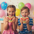 Two children holding Squishy Hotdog toys at a birthday party — novelty squeeze toy gift