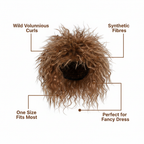 80s Tina Brown Wig feature infographic showing wild voluminous curls, one size fits most, synthetic fibres, age 14 plus