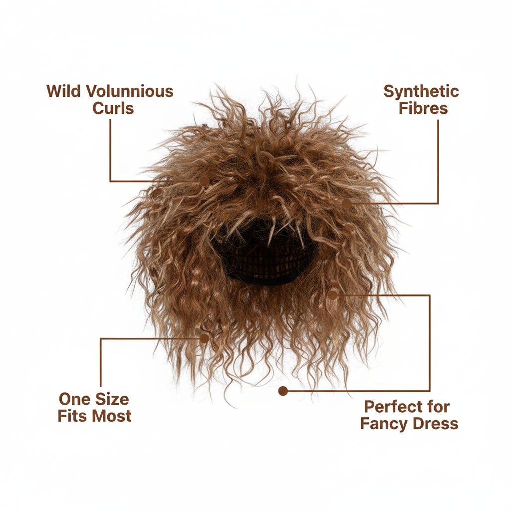80s Tina Brown Wig feature infographic showing wild voluminous curls, one size fits most, synthetic fibres, age 14 plus