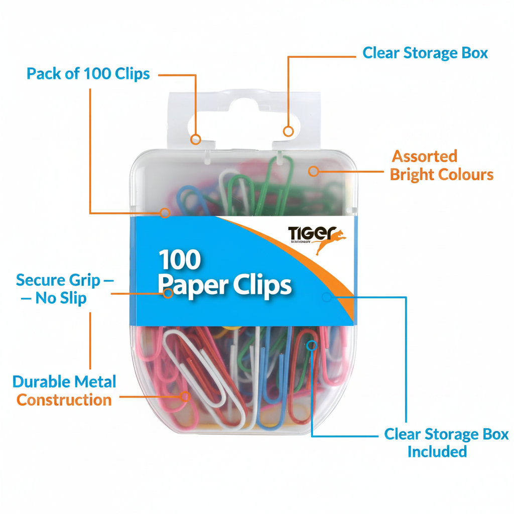 Tiger Stationery 100pcs paper clips infographic showing pack size, assorted colours, secure grip, durable metal construction and clear storage box