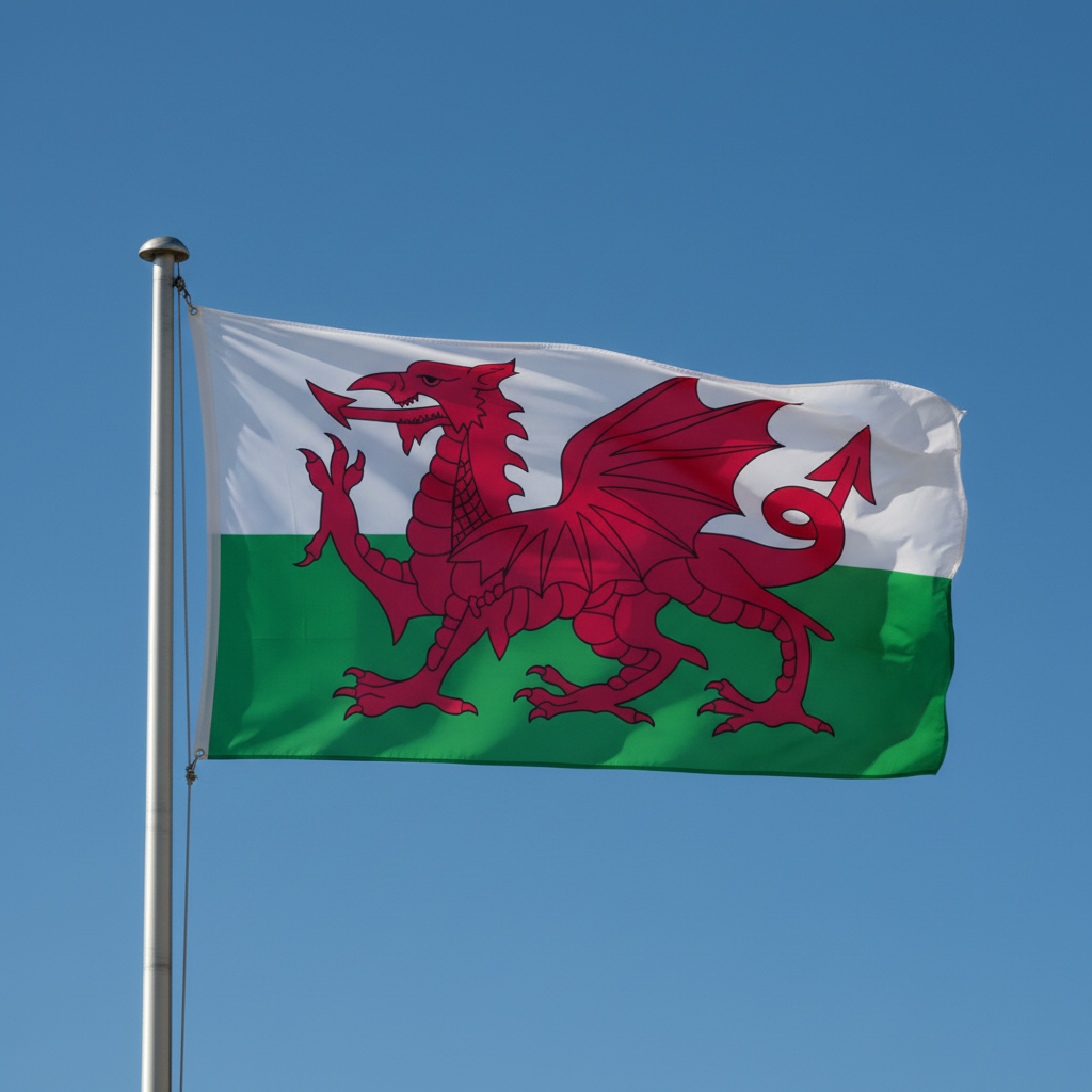 Lightweight Welsh Dragon Flag 3ft x 2ft waving outdoors with vibrant red dragon on white and green background