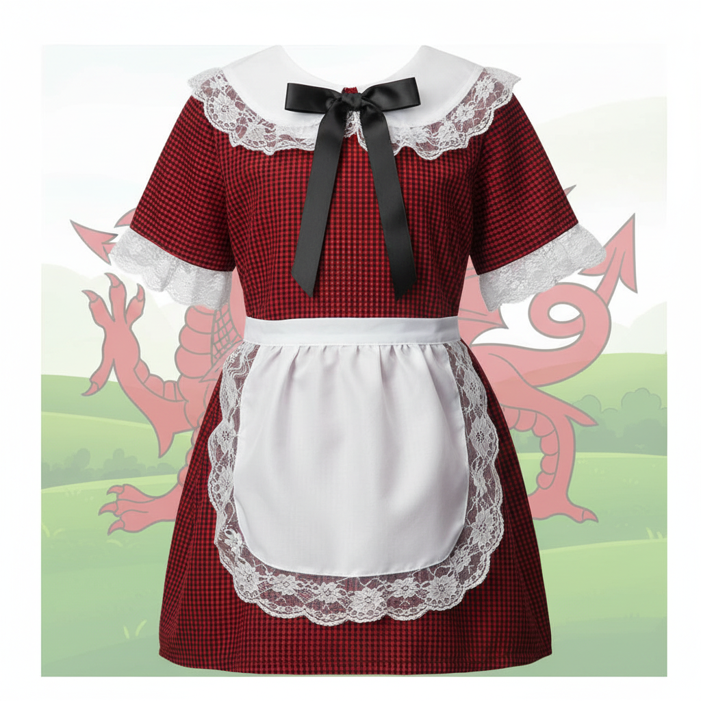 Traditional Welsh toddler costume in red checked fabric with white lace trim, apron and black ribbon for ages 1-2 years