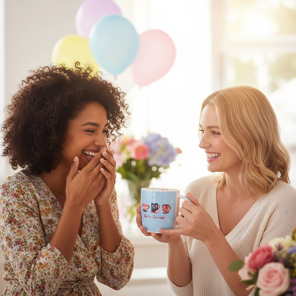 Woman gifting the You're Tea-Riffic mug to a friend at a birthday celebration