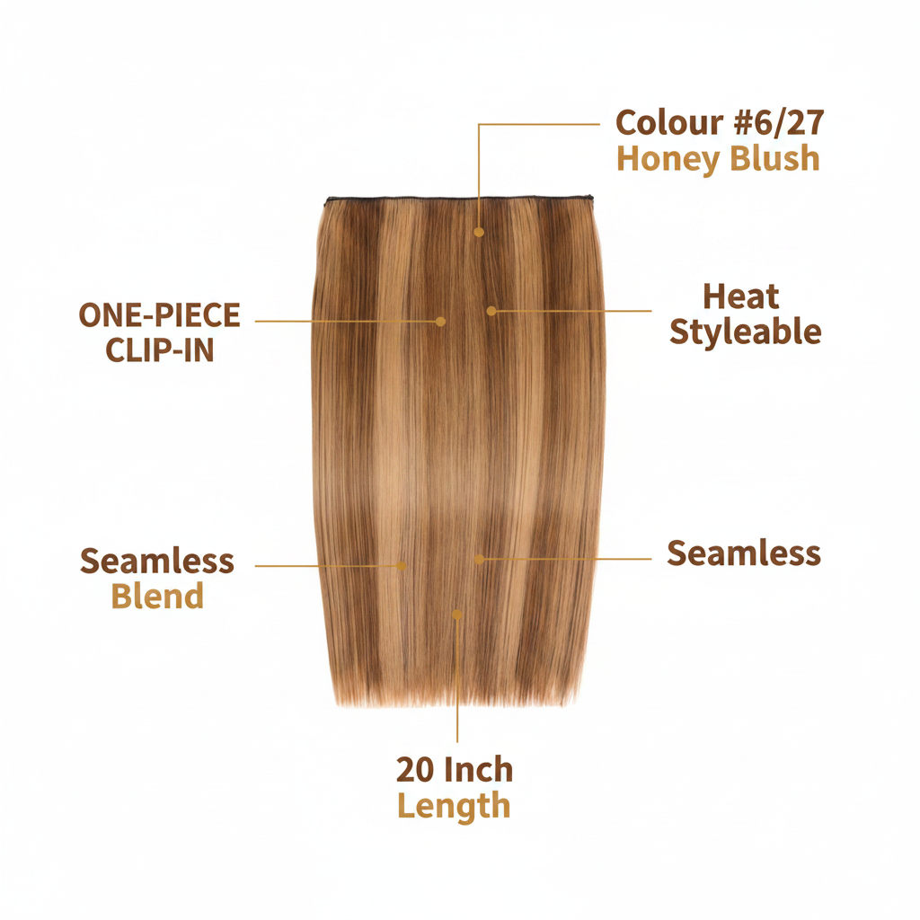 Feature infographic for 20 inch clip-in hair extension Honey Blush #6/27 showing key product callouts