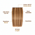 Feature infographic for 20 inch clip-in hair extension Honey Blush #6/27 showing key product callouts