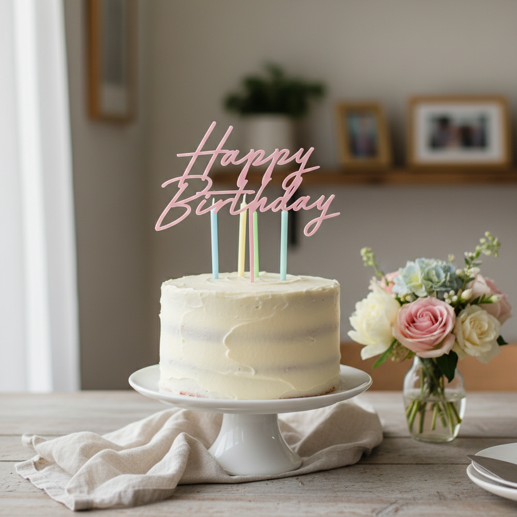 Light pink acrylic Happy Birthday cake topper displayed on a birthday cake in a home celebration setting with minimal complementary props including candles and flowers