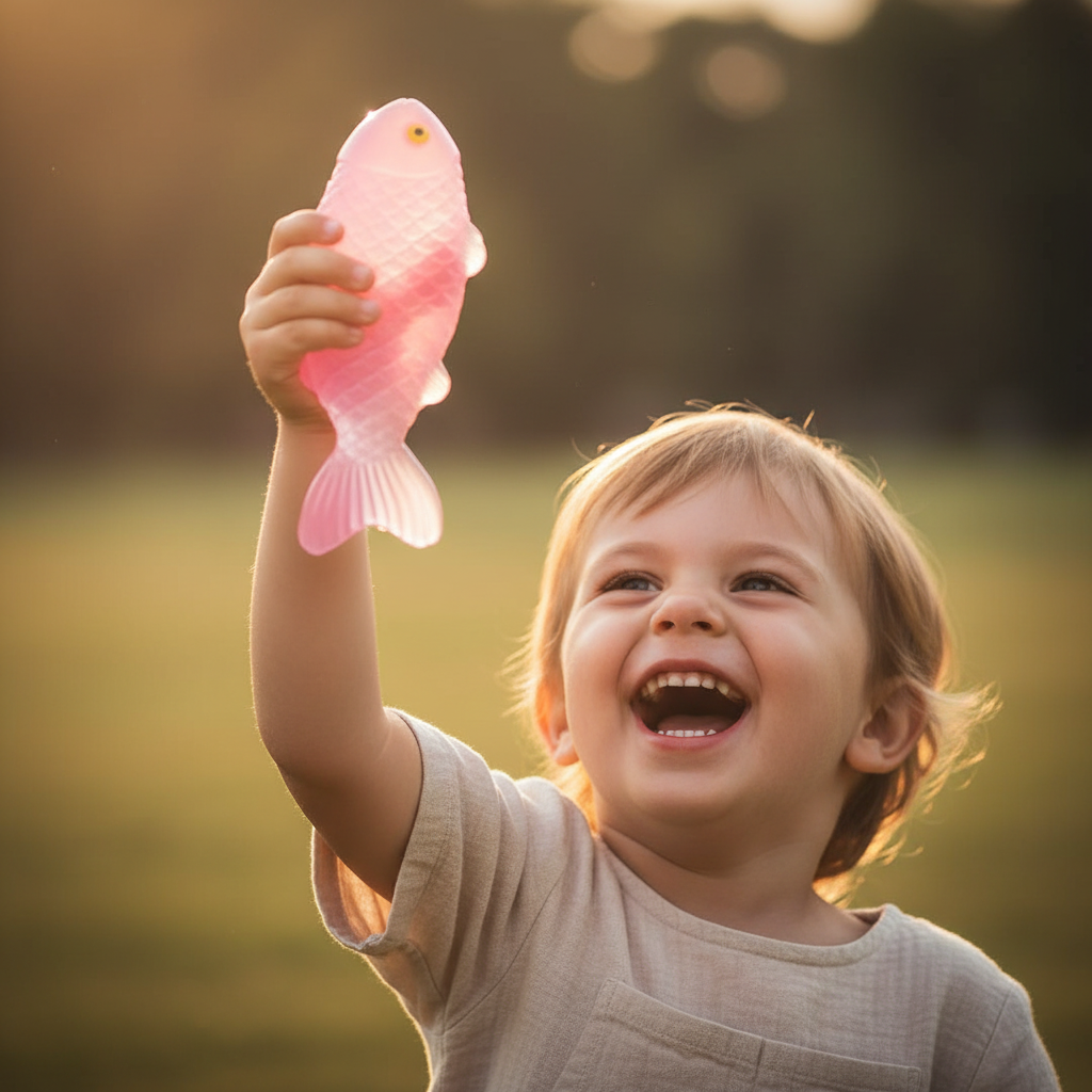 Happy child laughing with joy holding a pink squishy sticky fish toy in golden hour light