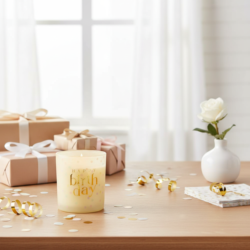 Happy Birthday Confetti Candle styled on a birthday gift table with natural window light