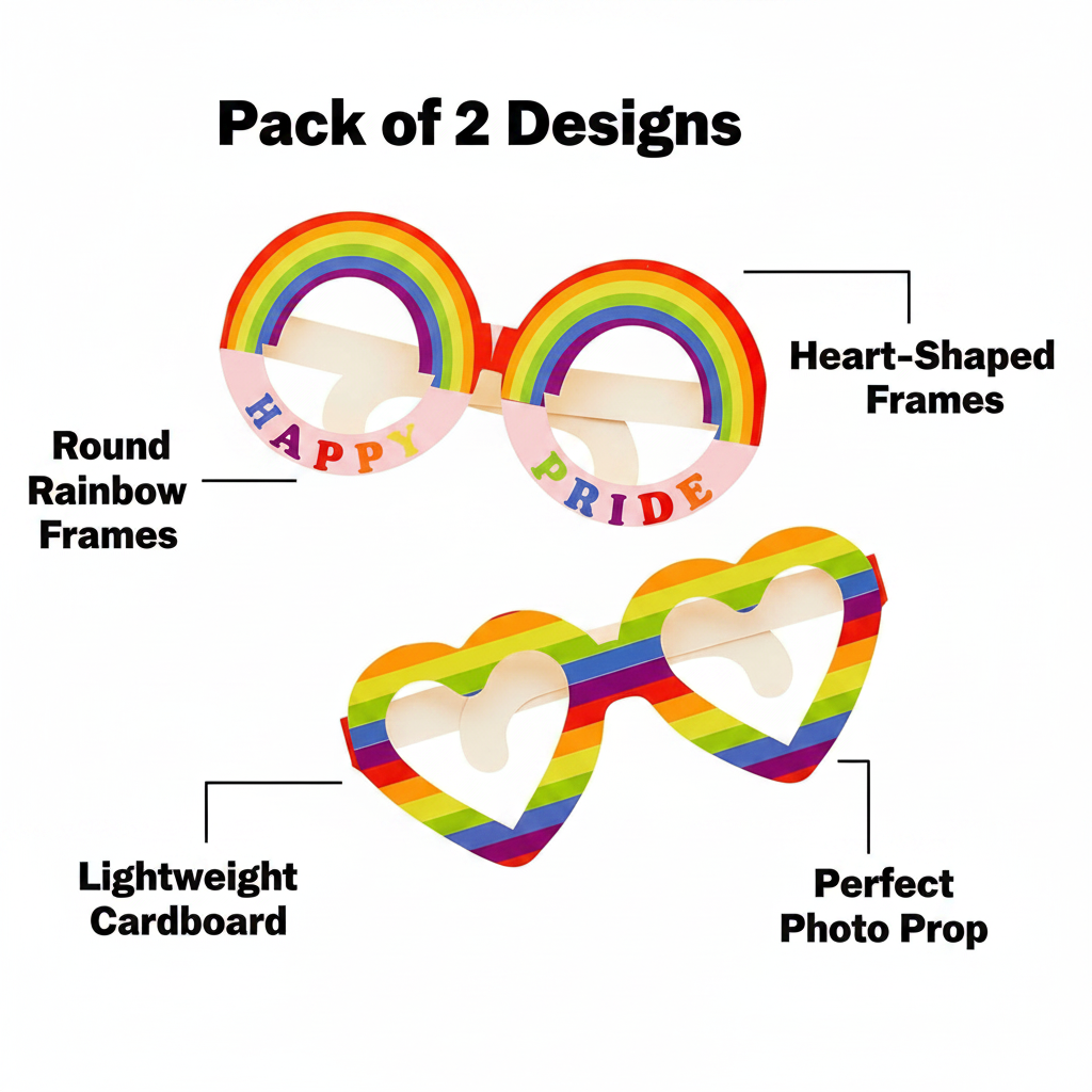Gay Pride cardboard novelty glasses pack of 2 feature infographic showing round and heart-shaped rainbow designs with callout labels