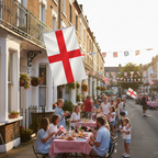 England St George Cross Flag hanging from a residential window during a street party, warm summer atmosphere