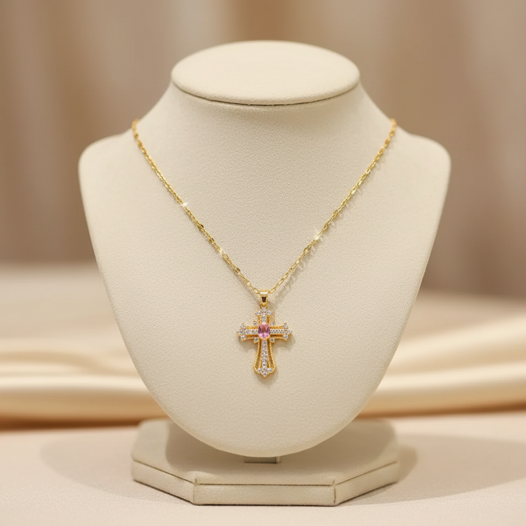 Elegant gold cross pendant necklace with stainless steel chain on luxury velvet display stand