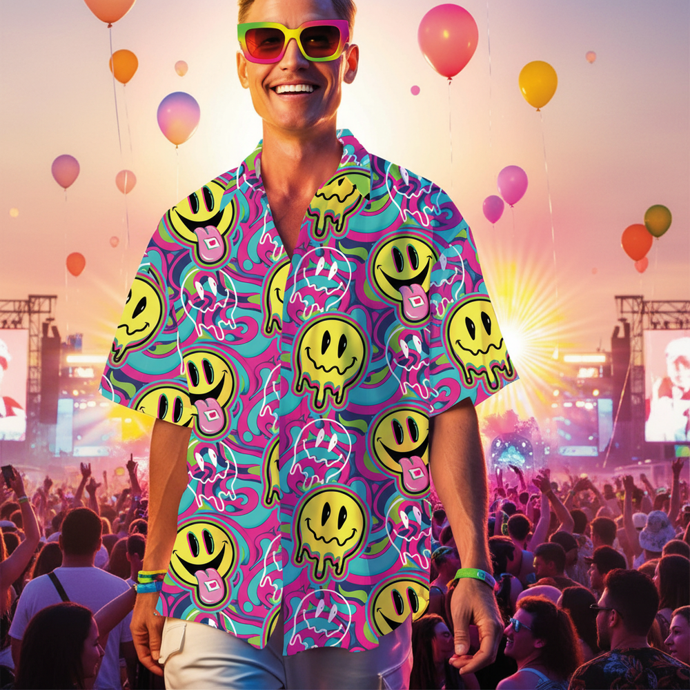 Man smiling at festival wearing Mens 90s Acid Shirt Medium with golden hour sunlight and balloons