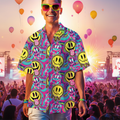 Man smiling at festival wearing Mens 90s Acid Shirt Medium with golden hour sunlight and balloons