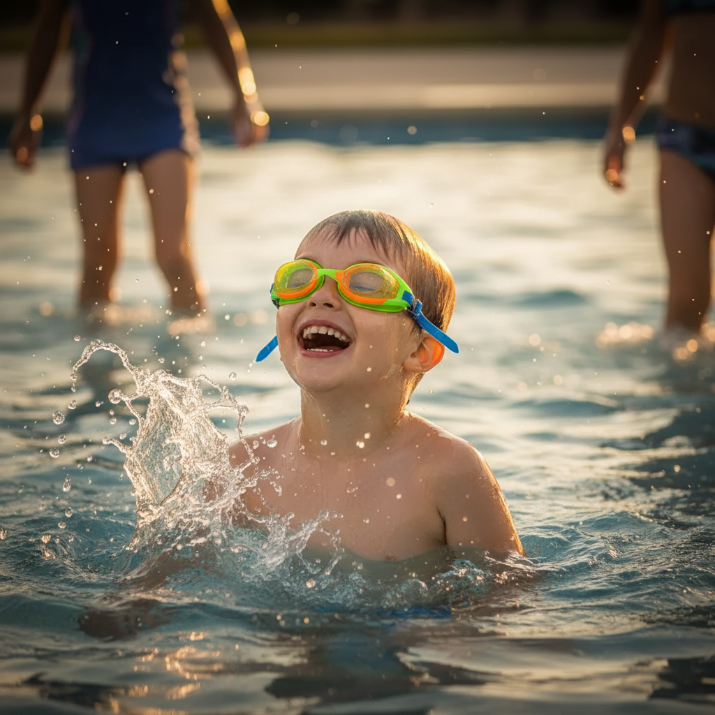 Child laughing and splashing with Kids Swimming Goggles in golden hour summer light