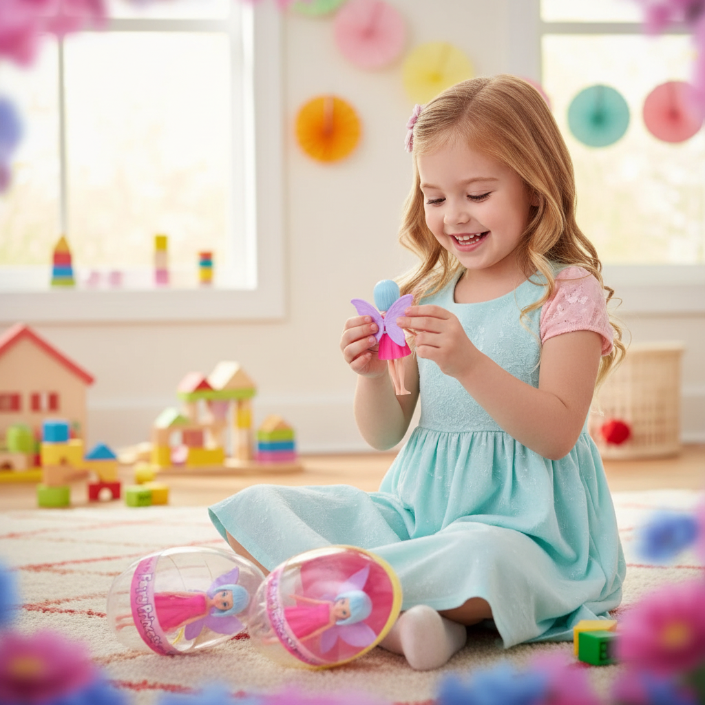 Young girl playing with plastic fairy doll toy from egg container