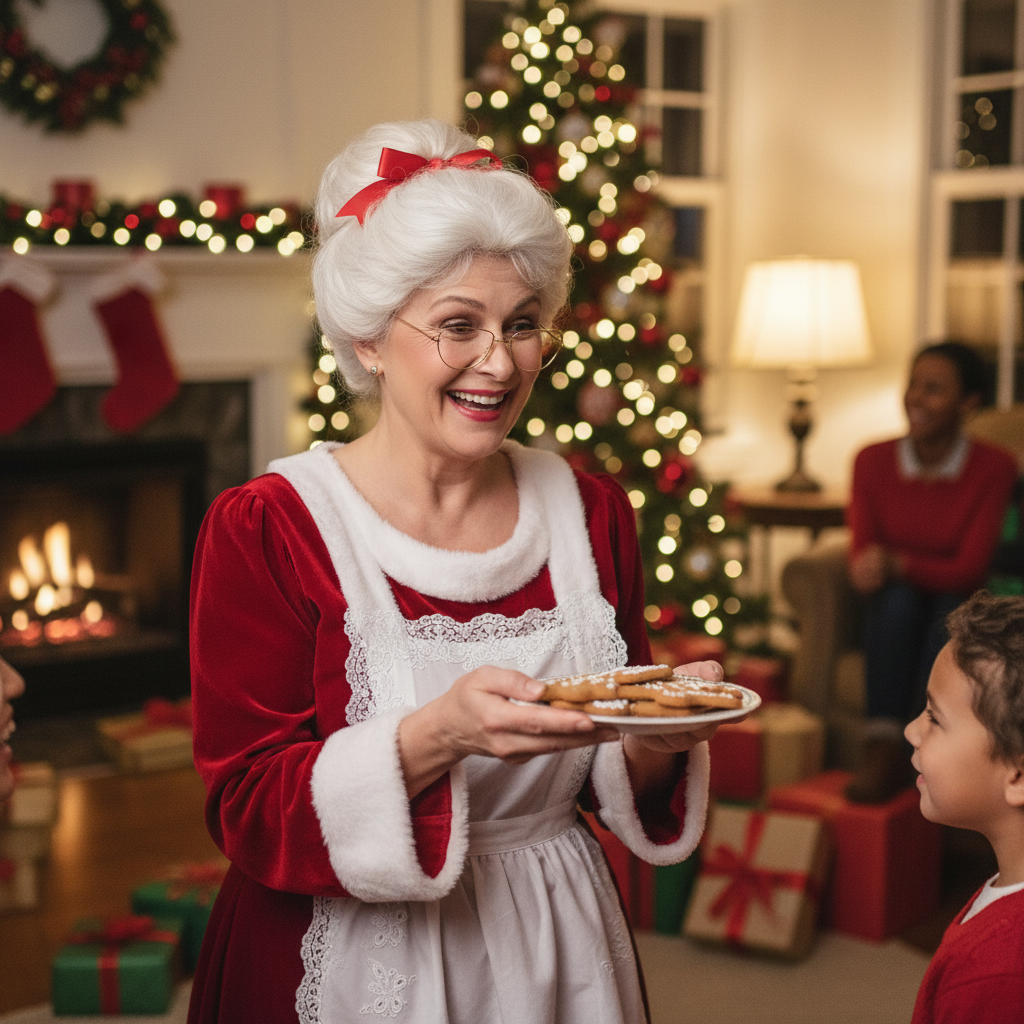 Mrs Claus wearing gold half moon novelty glasses at festive Christmas gathering