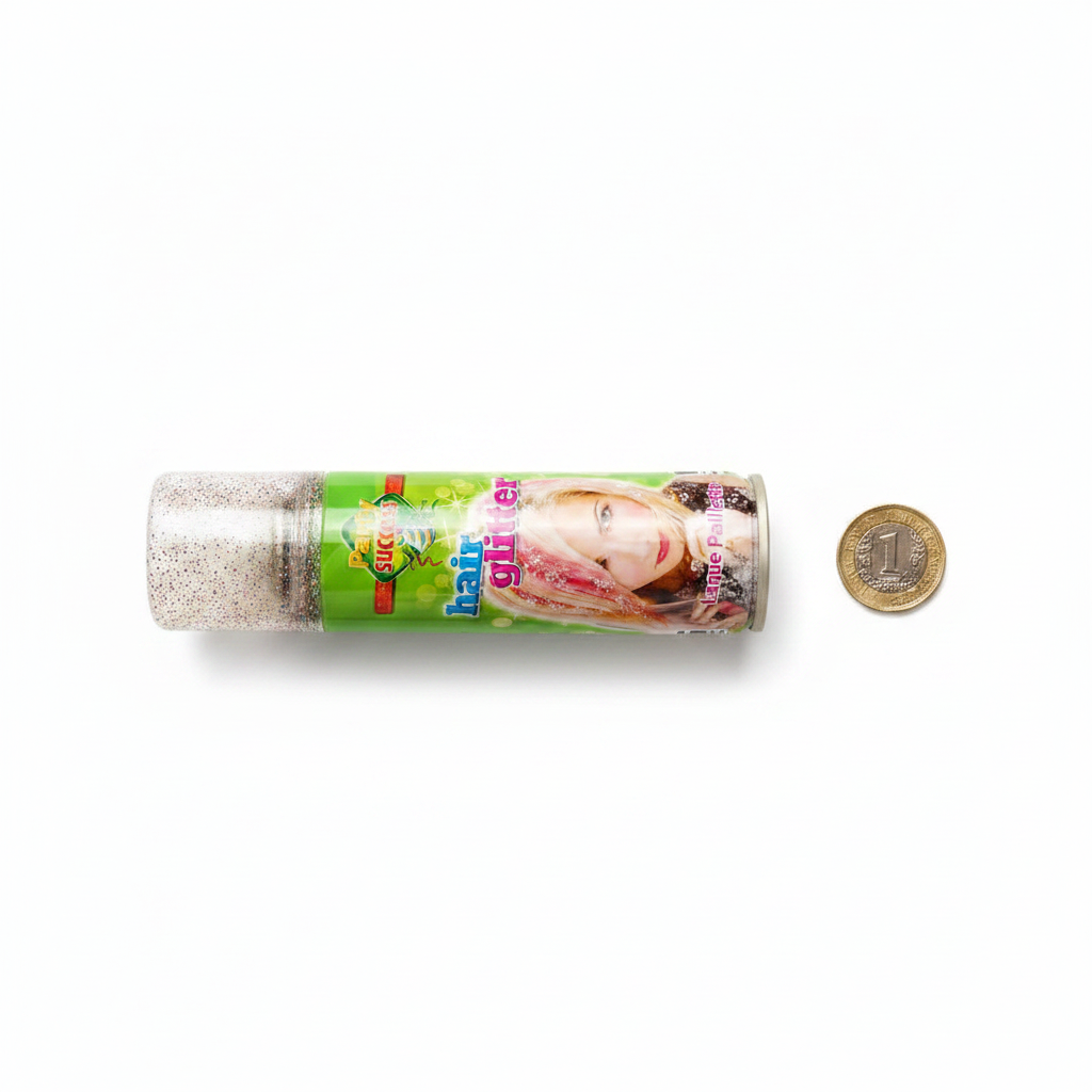Party Success Multi-Colour Glitter Hair Spray 125ml flat lay with £1 coin for scale reference