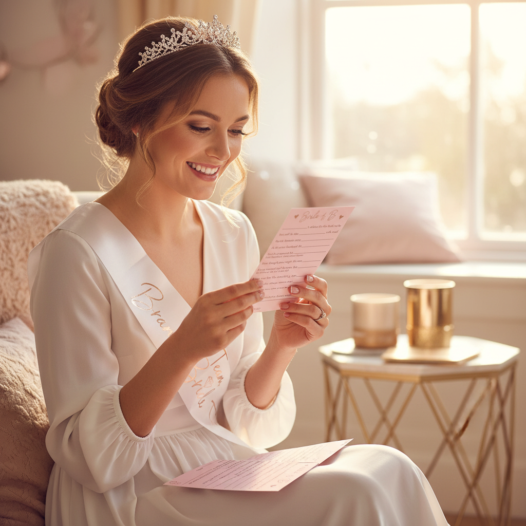 Bride-to-be wearing tiara and sash reading Team Bride hen party advice cards with a joyful emotional expression