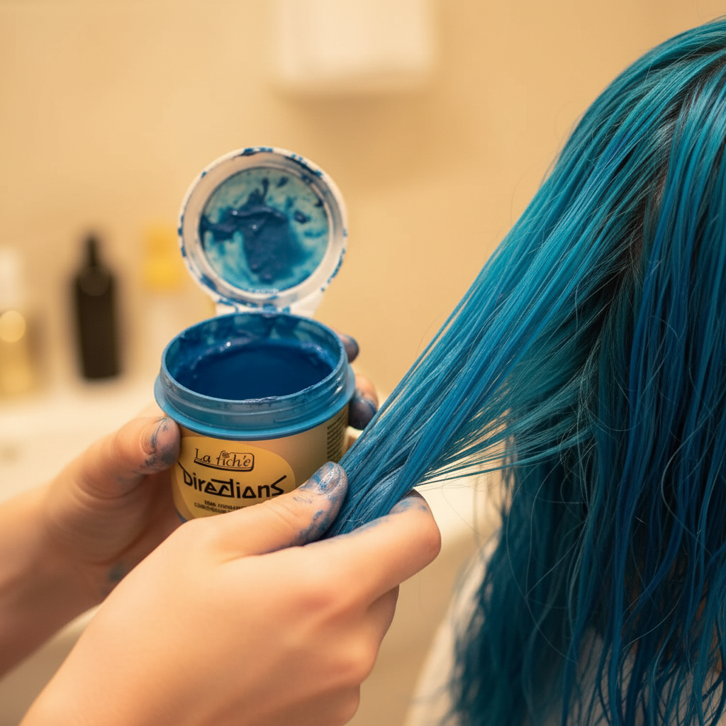 Hands applying La Riche Directions Lagoon Blue hair dye to vibrant blue hair, candid application moment with bokeh background
