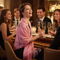 Stylish woman wearing pink lace pashmina shawl celebrating at a champagne bar with friends