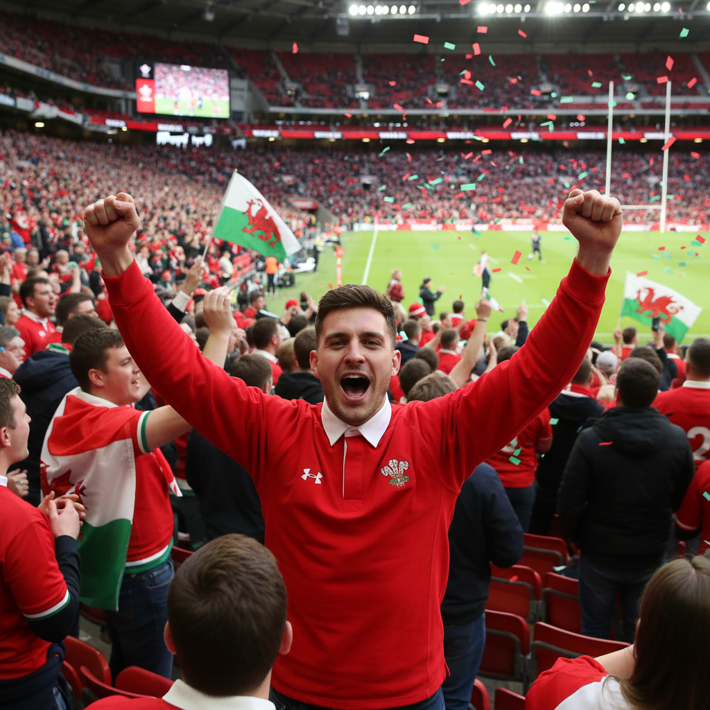 Mens Welsh rugby shirt worn at Principality Stadium match day - fan lifestyle scene
