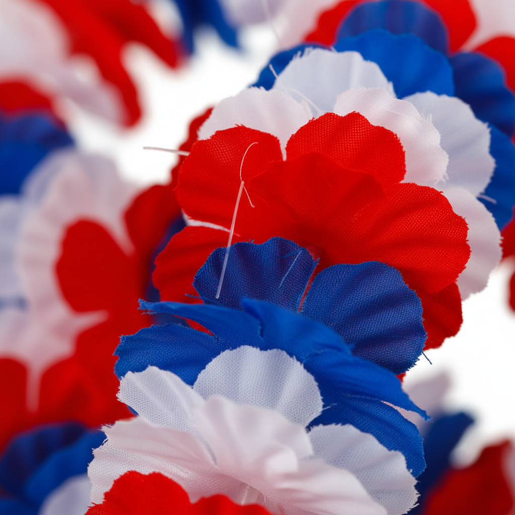Extreme macro close-up of red, white and blue Hawaiian lei flower petals texture and vibrant patriotic colours