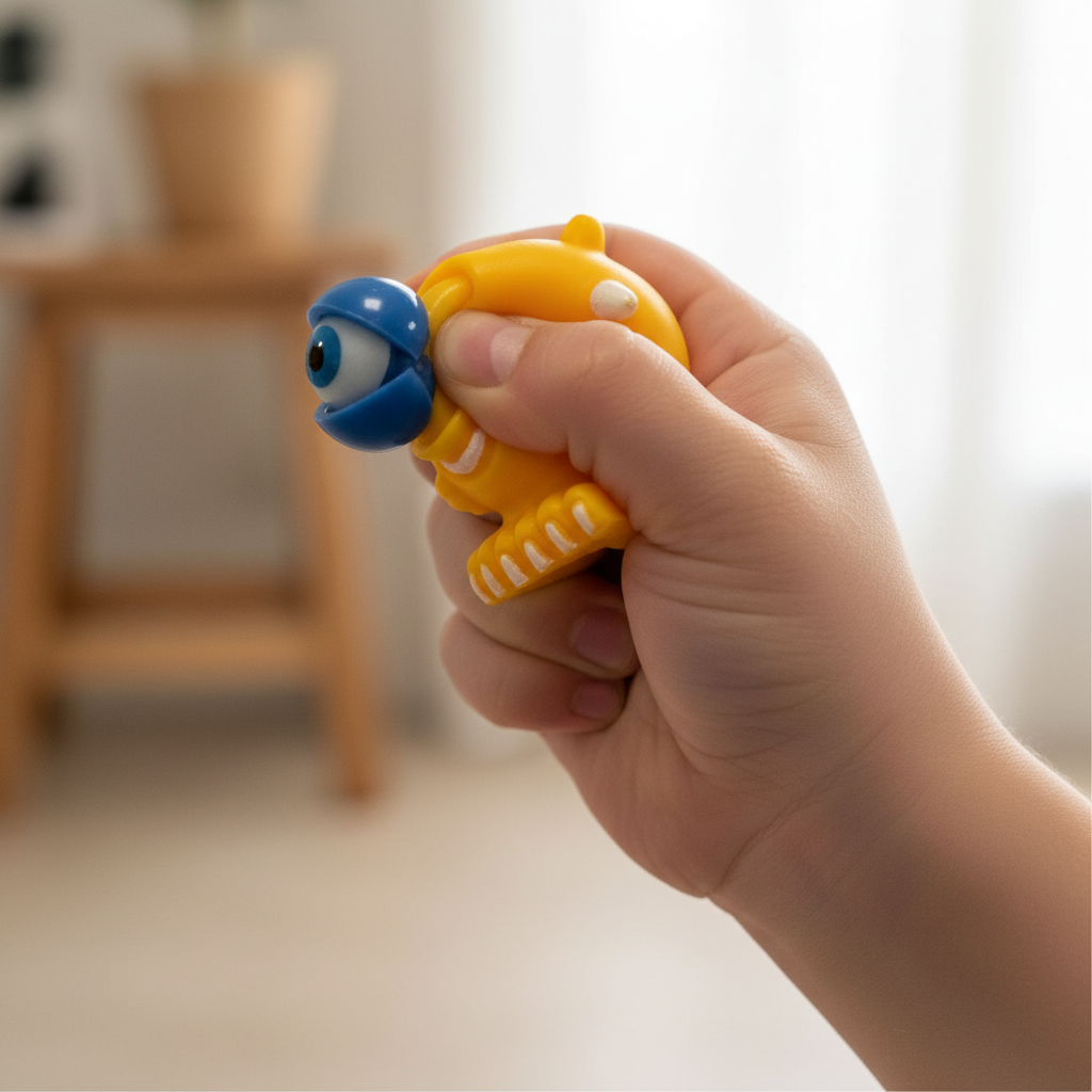 Child squeezing amber yellow Google Eyed Squeeze Monster squishy toy with googly eye popping out