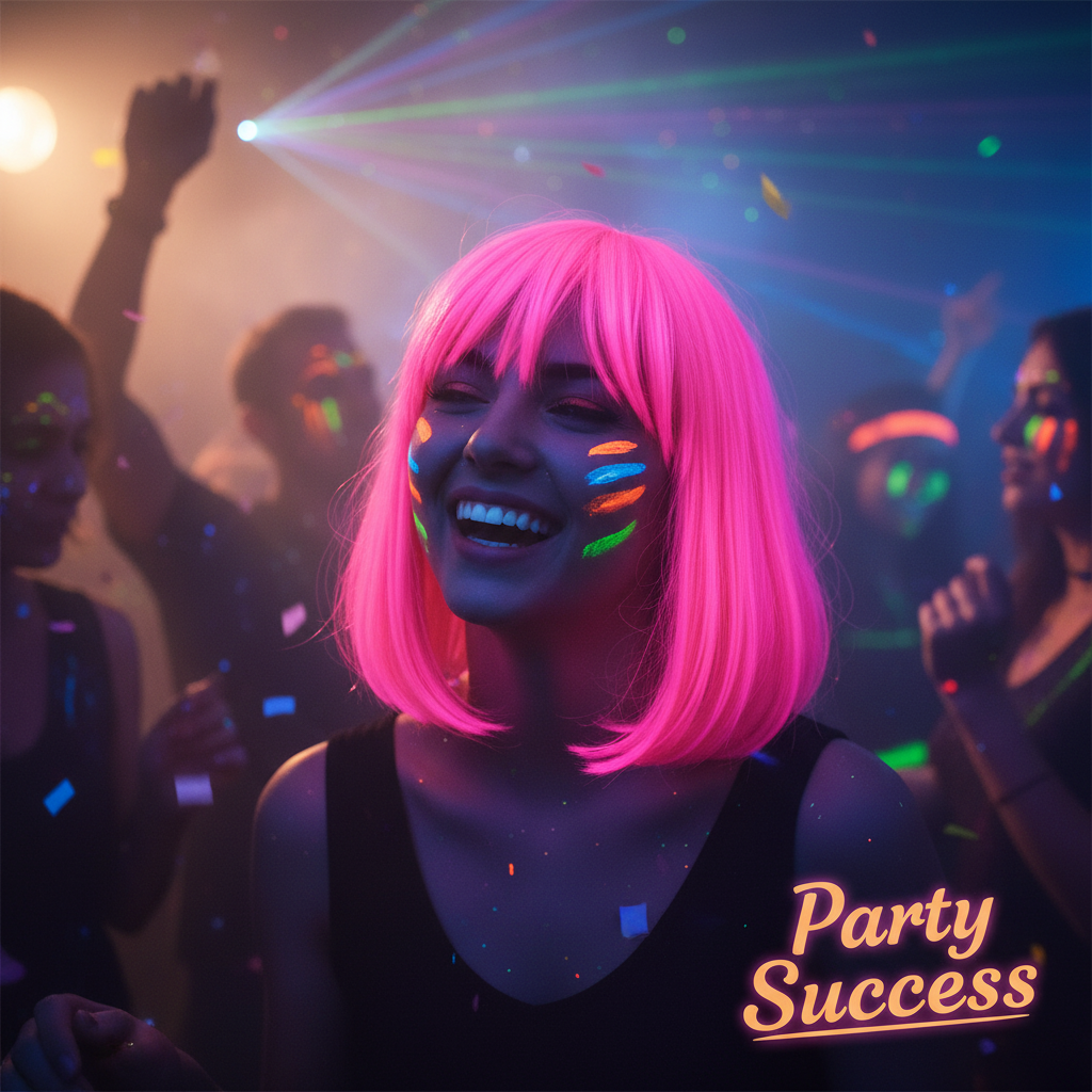 Woman with vivid fluorescent pink glowing hair at UV party - result of using Party Success temporary hair colour spray